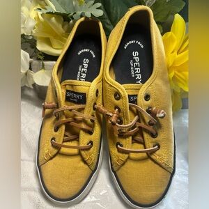 Sperry Mustard Canvas Shoes with Brown Laces